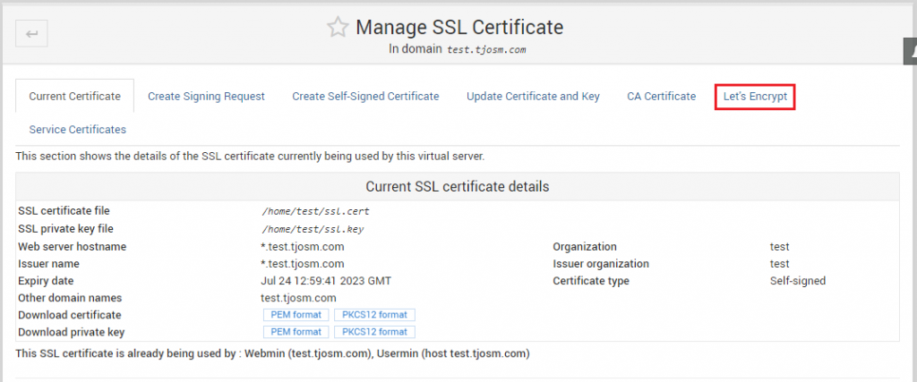 Virtualmin Manage SSL Certificates